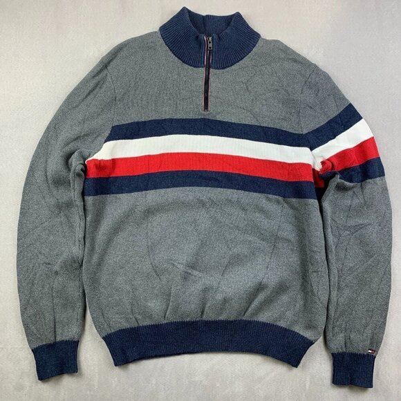 Tommy Hilfiger Other - Tommy Hilfiger Men Sweater Large Gray Striped 1/4 Zip Long Sleeve Red White Blue
